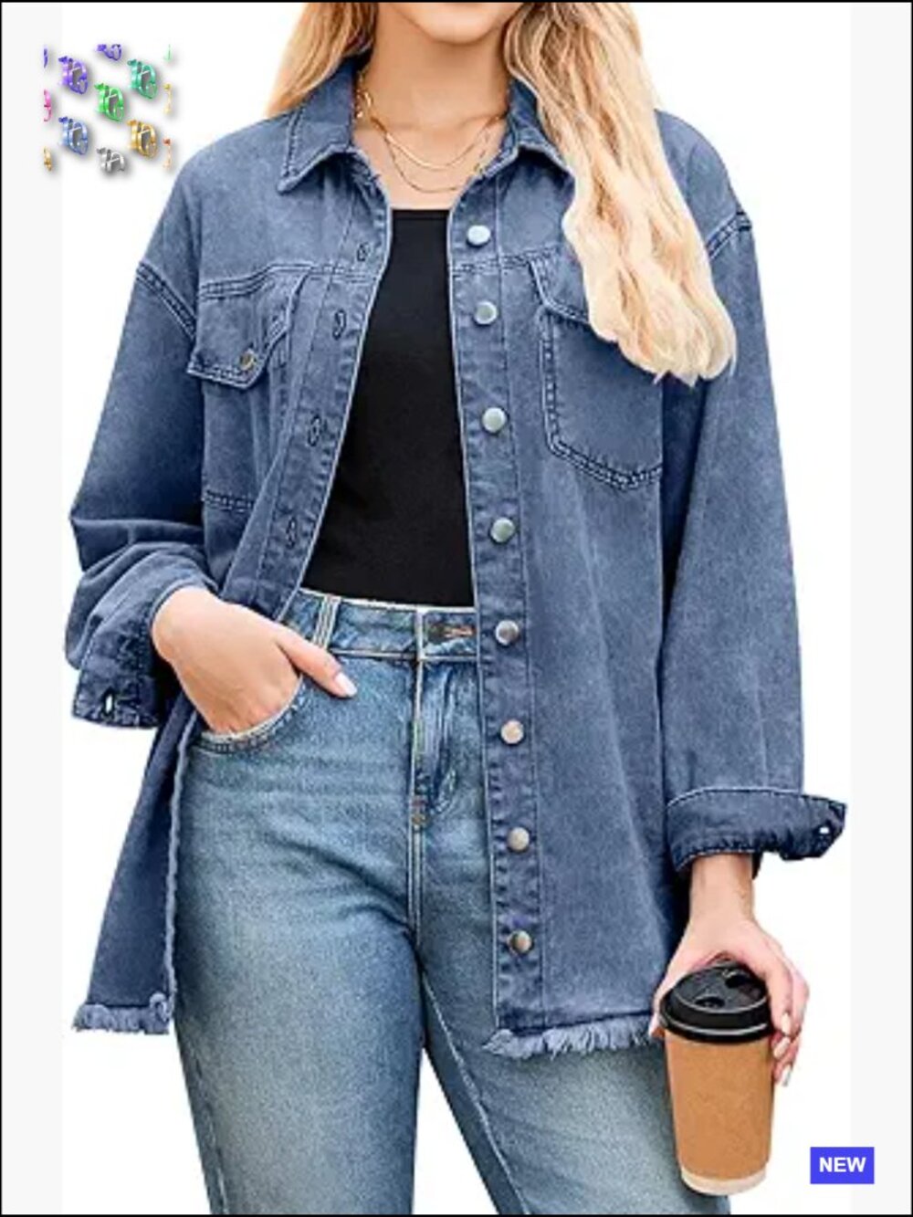 Oversized Frayed Hem Denim Shacket Casual Button Down Long Sleeve Jacket
